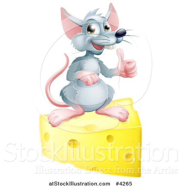Vector Illustration of a Happy Gray Mouse Holding a Thumb up on a Block of Cheese