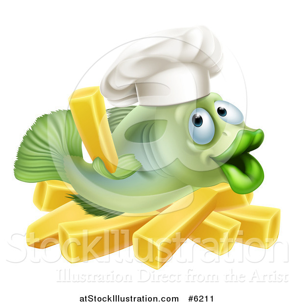 Vector Illustration of a Happy Green Cod Fish Chef Holding up a French Fry over Chips