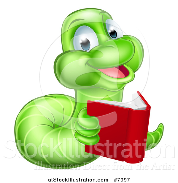 Vector Illustration of a Happy Green Earthworm Reading a Book