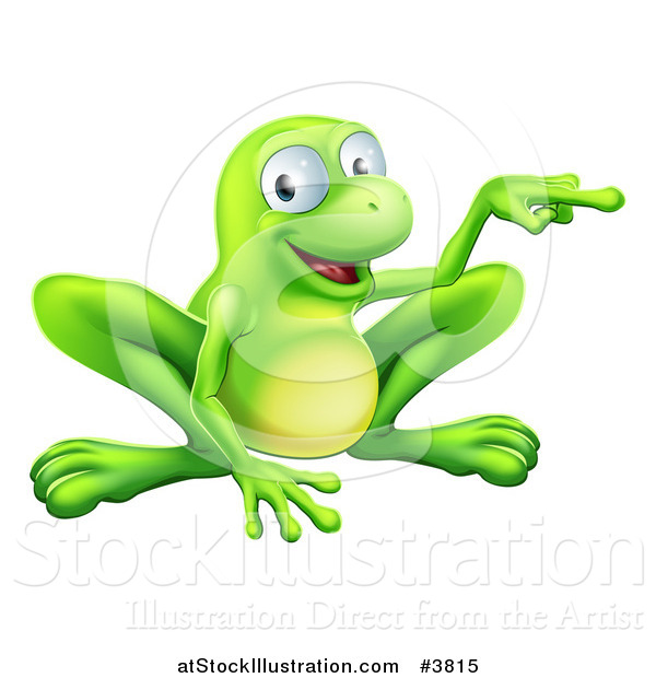 Vector Illustration of a Happy Green Frog Crouching and Pointing to the Side