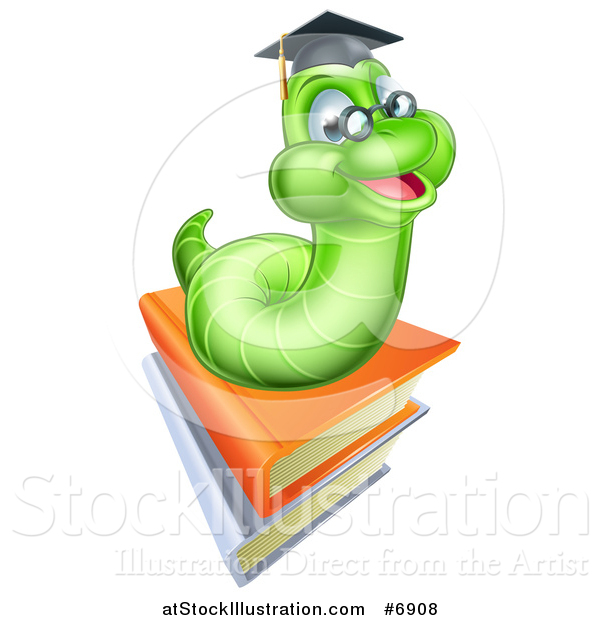 Vector Illustration of a Happy Green Professor Earthworm on a Stack of Books