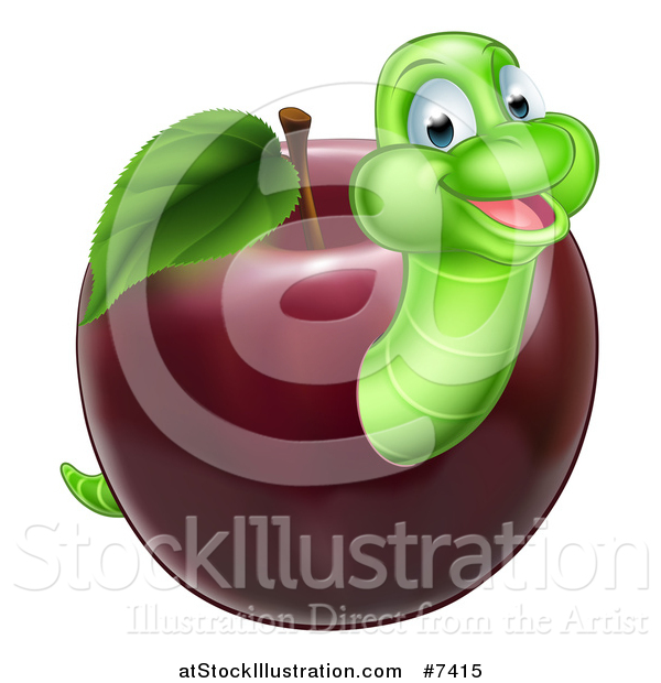 Vector Illustration of a Happy Green Worm Emerging from a Red Apple