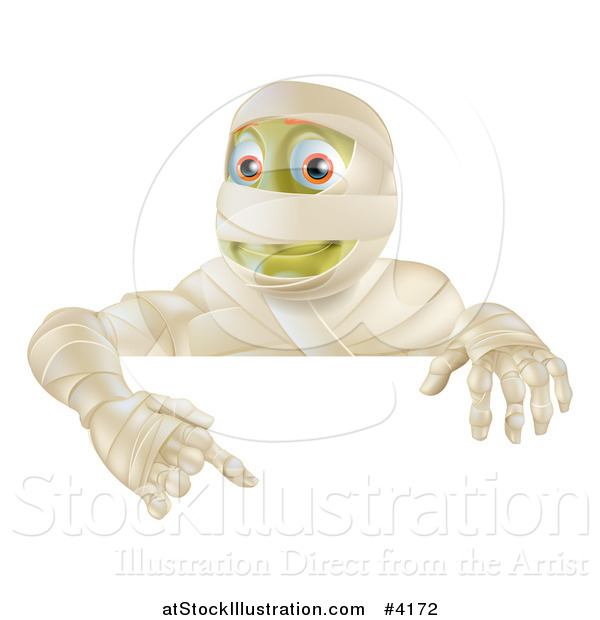 Vector Illustration of a Happy Halloween Mummy Pointing down at a Sign