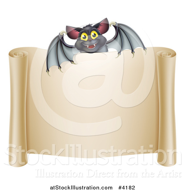 Vector Illustration of a Happy Halloween Vampire Bat over a Scroll Sign