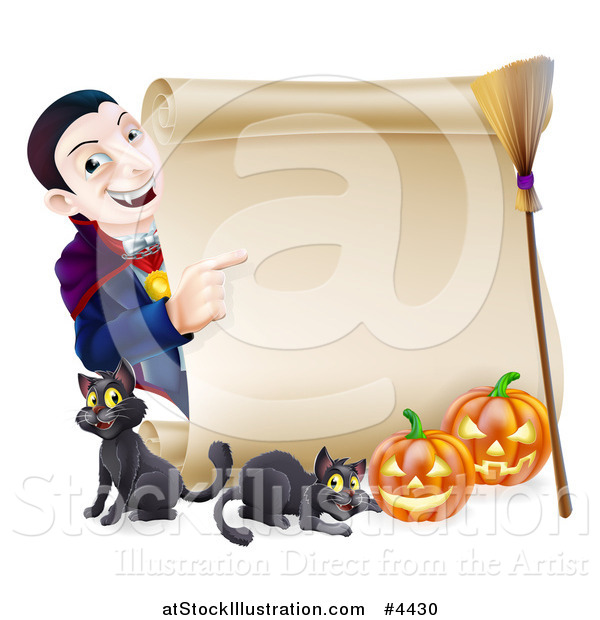 Vector Illustration of a Happy Halloween Vampire Pointing to a Scroll Sign with Black Cats Pumpkins and a Broomstick