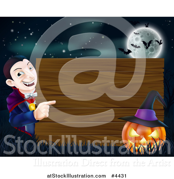 Vector Illustration of a Happy Halloween Vampire Pointing to a Wooden Sign with a Jackolantern Under a Full Moon with Bats