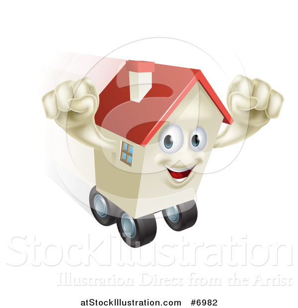 Vector Illustration of a Happy House Character Cheering and Moving While Rolling on Wheels