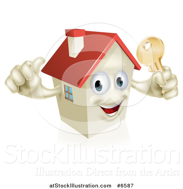 Vector Illustration of a Happy House Character Holding a Thumb up and a Gold Key