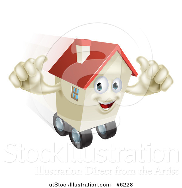 Vector Illustration of a Happy House Character Holding Two Thumbs up and Rolling on Wheels