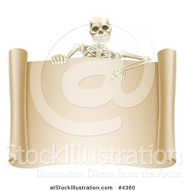 Vector Illustration of a Happy Human Skeleton Pointing down to a Blank Scroll Sign