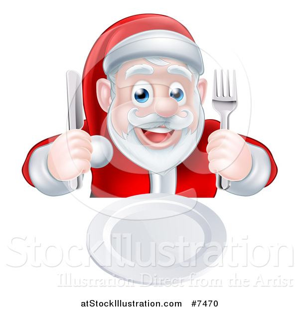 Vector Illustration of a Happy Hungry Christmas Santa Claus Sitting with a Clean Plate and Holding Silverware