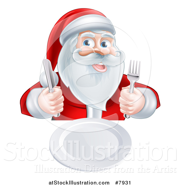 Vector Illustration of a Happy Hungry Christmas Santa Claus Sitting with a Clean Plate and Holding Silverware