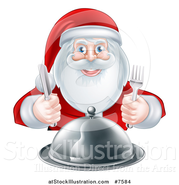 Vector Illustration of a Happy Hungry Christmas Santa Claus Sitting with a Cloche Platter and Holding Silverware