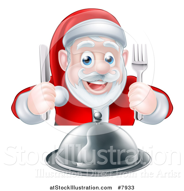 Vector Illustration of a Happy Hungry Christmas Santa Claus Sitting with a Cloche Platter and Holding Silverware