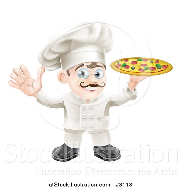 Vector Illustration of a Happy Italian Chef Waving and Holding up a Pizza Pie