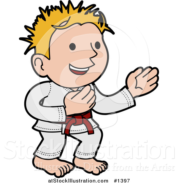 Vector Illustration of a Happy Karate Boy with Blond Hair, Wearing a Red Belt and White Uniform and Standing in a Pose