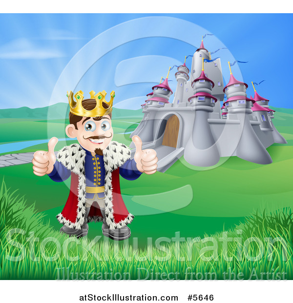Vector Illustration of a Happy King Holding Two Thumbs up in Front of His Castle