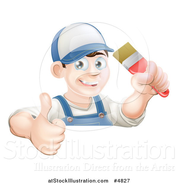 Vector Illustration of a Happy Male Painter Holding a Thumb up and a Brush over a Sign