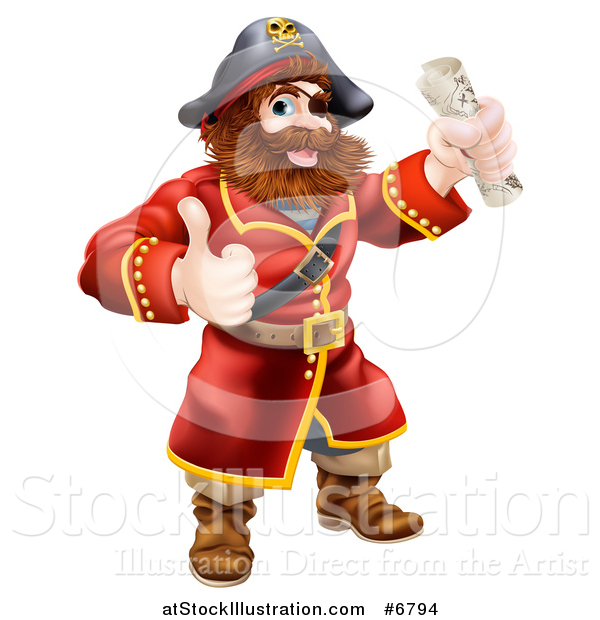 Vector Illustration of a Happy Male Pirate Captain Holding a Treasure Map and Giving a Thumb up