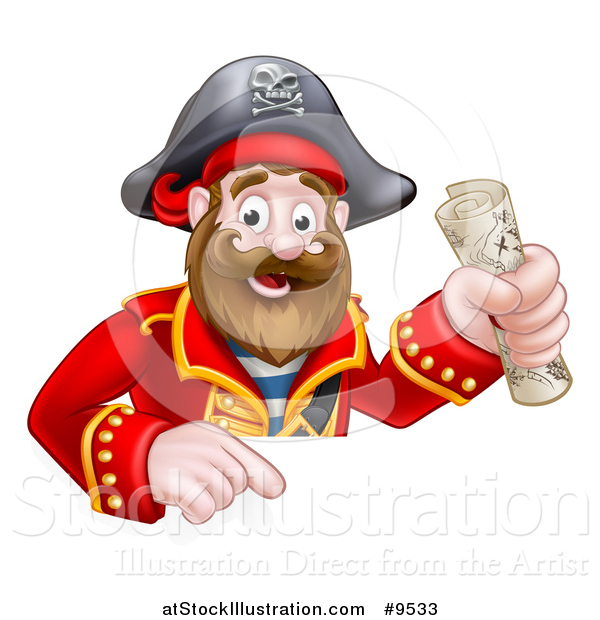 Vector Illustration of a Happy Male Pirate Captain Holding a Treasure Map and Pointing down over a Sign