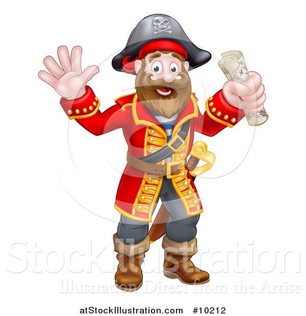 Vector Illustration of a Happy Male Pirate Captain Holding a Treasure Map and Waving