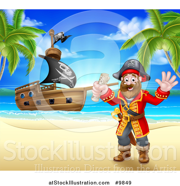 Vector Illustration of a Happy Male Pirate Captain Holding a Treasure Map and Waving on a Tropical Beach, with a Ship in the Background