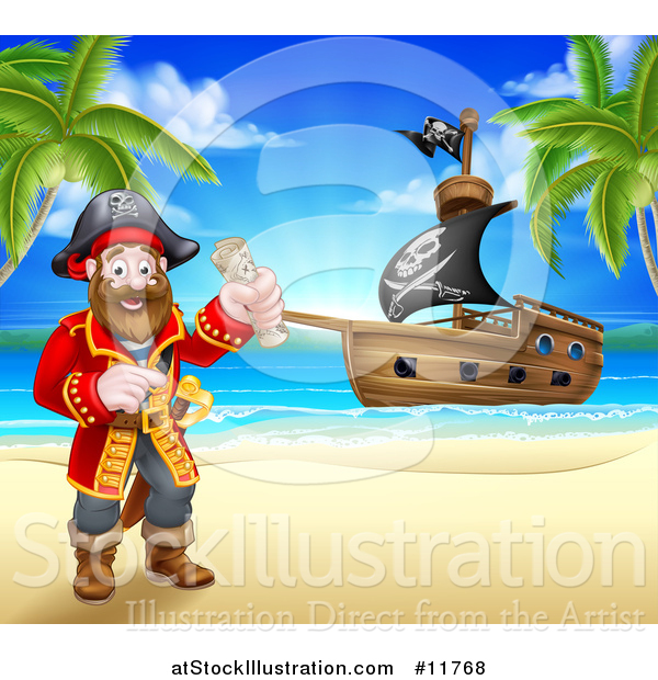 Vector Illustration of a Happy Male Pirate Captain Holding a Treasure Map on a Tropical Beach, with a Ship in the Background