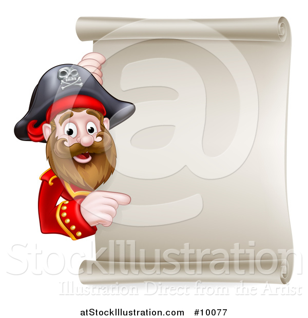 Vector Illustration of a Happy Male Pirate Captain Pointing Around a Blank Scroll Sign