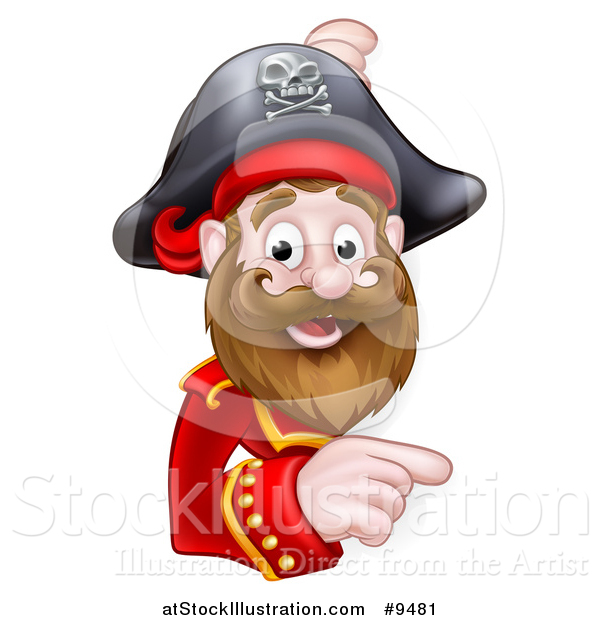 Vector Illustration of a Happy Male Pirate Captain Pointing Around a Sign