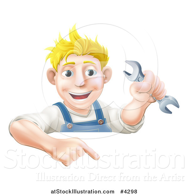 Vector Illustration of a Happy Mechanic Man Holding a Wrench and Pointing down to a Sign