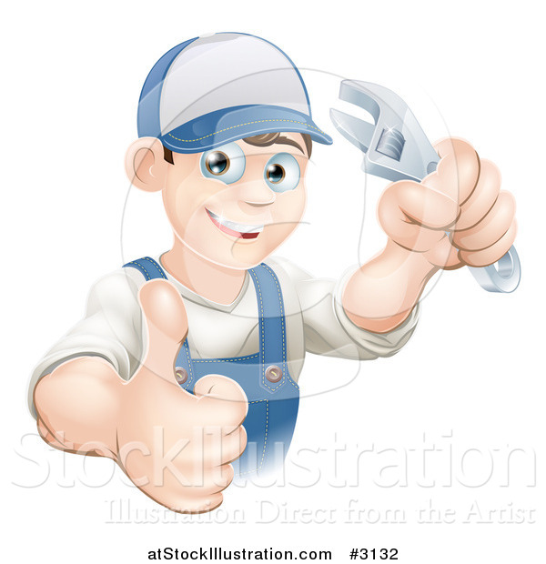 Vector Illustration of a Happy Mechanic Plumber or Handy Man Holding a Thumb up and a Wrench