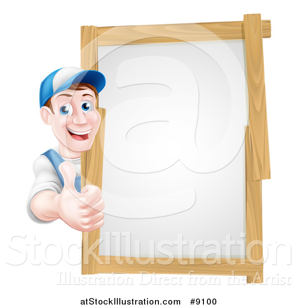 Vector Illustration of a Happy Middle Aged Brunette Caucasian Handy Man in Blue, Wearing a Baseball Cap, Giving a Thumb up Around a Wood Framed Sign