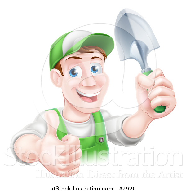 Vector Illustration of a Happy Middle Aged Brunette Caucasian Male Gardener in Green, Giving a Thumb up and Holding a Shovel