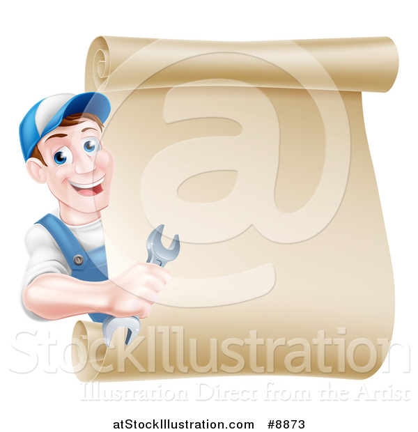 Vector Illustration of a Happy Middle Aged Brunette Caucasian Mechanic Man in Blue, Holding a Wrench and Looking Around a Blank Scroll Sign