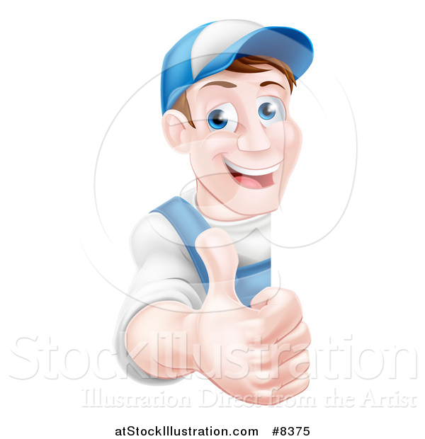 Vector Illustration of a Happy Middle Aged Brunette Caucasian Mechanic Man in Blue, Wearing a Baseball Cap, Giving a Thumb up Around a Sign