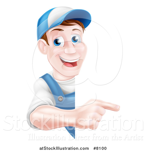 Vector Illustration of a Happy Middle Aged Brunette Caucasian Mechanic Man in Blue, Wearing a Baseball Cap, Pointing Around a Sign