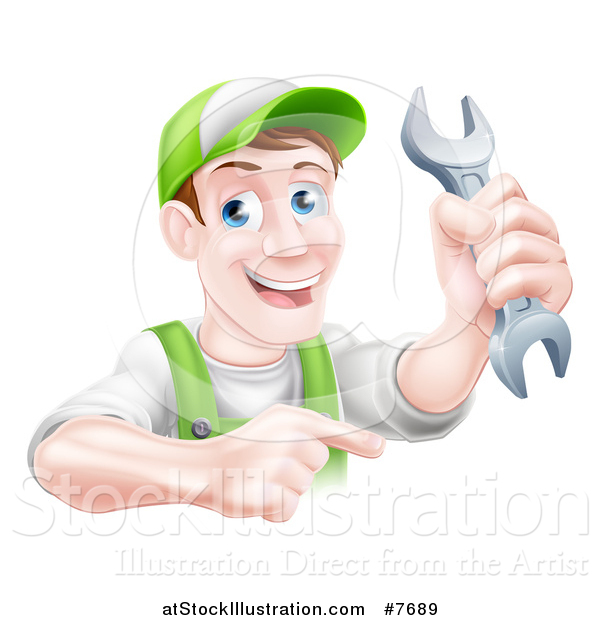 Vector Illustration of a Happy Middle Aged Brunette Caucasian Mechanic Man in Green, Wearing a Baseball Cap, Holding a Wrench and Pointing