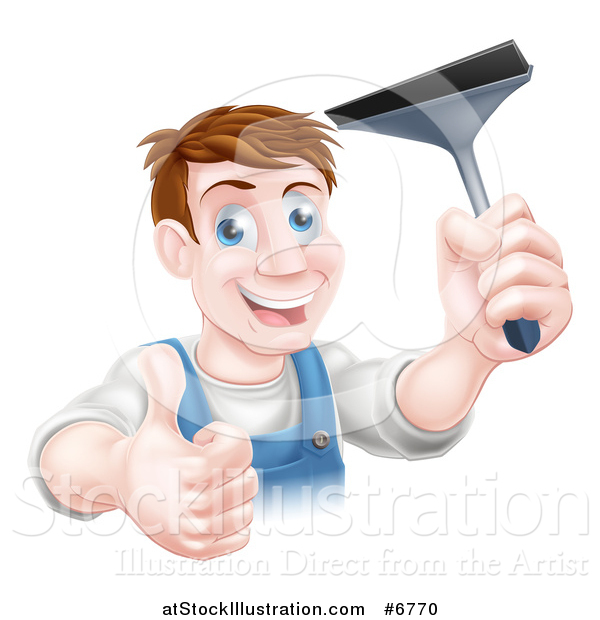 Vector Illustration of a Happy Middle Aged Brunette Caucasian Window Cleaner Man Giving a Thumb up and Holding a Squeegee