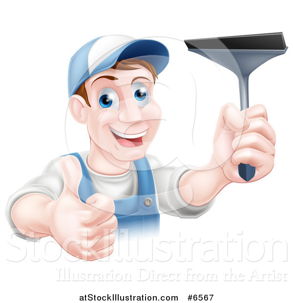 Vector Illustration of a Happy Middle Aged Brunette Caucasian Window Cleaner Man Holding a Squeegee and a Thumb up