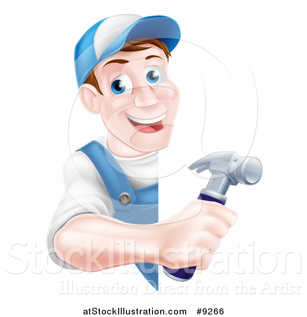 Vector Illustration of a Happy Middle Aged Brunette Caucasian Worker Man Holding a Hammer Around a Sign