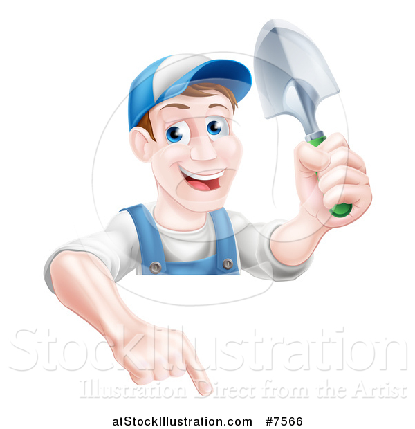 Vector Illustration of a Happy Middle Aged Brunette White Male Gardener in Blue, Holding up a Shovel and Pointing down over a Sign