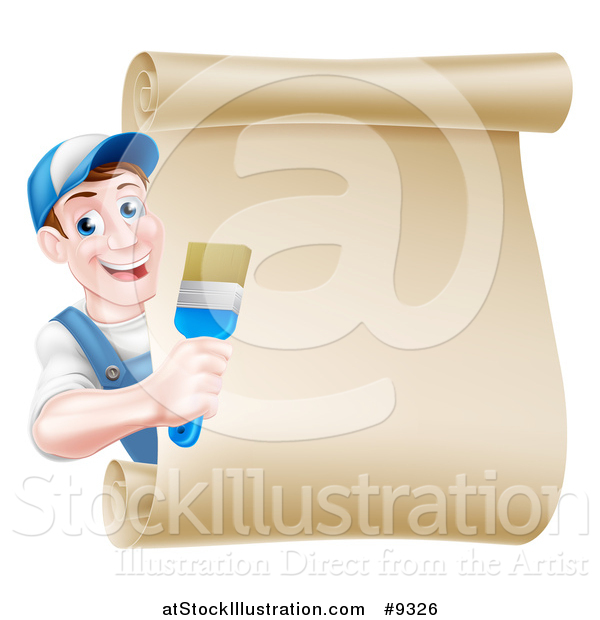 Vector Illustration of a Happy Middle Aged Brunette White Male House Painter Holding a Brush Around a Scroll Sign
