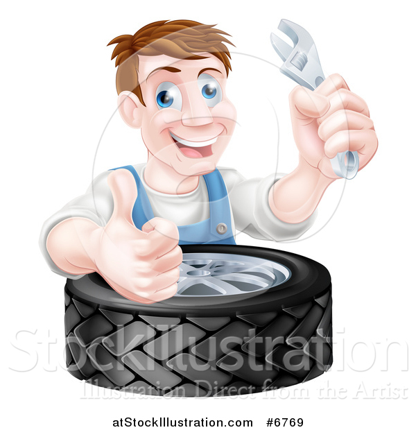 Vector Illustration of a Happy Middle Aged Brunette White Mechanic Man Holding a Wrench and Giving a Thumb up over a Tire