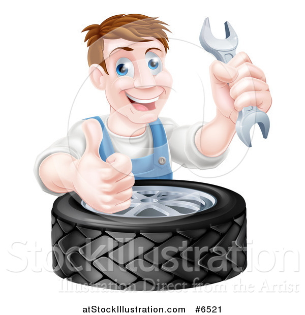 Vector Illustration of a Happy Middle Aged Brunette White Mechanic Man Holding a Wrench and Thumb up over a Tire