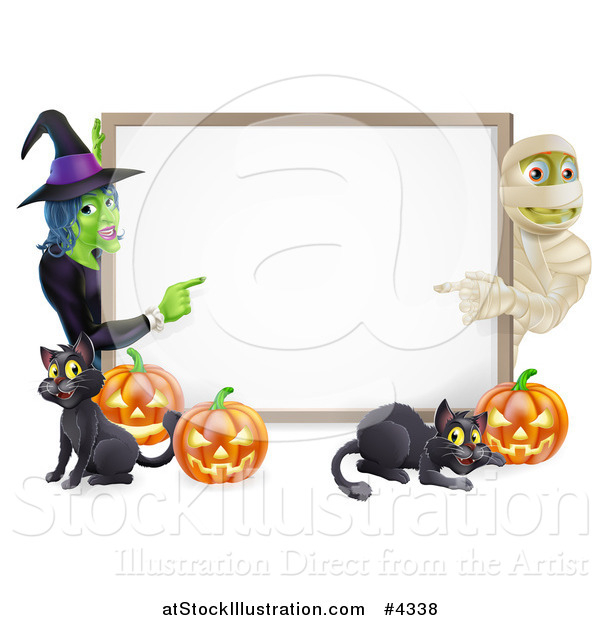 Vector Illustration of a Happy Mummy Witch Pumpkins and Black Cats Around a Blank Sign