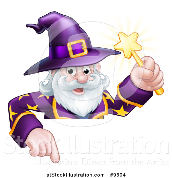 Vector Illustration of a Happy Old Bearded Wizard Holding a Magic Wand and Pointing down over a Sign