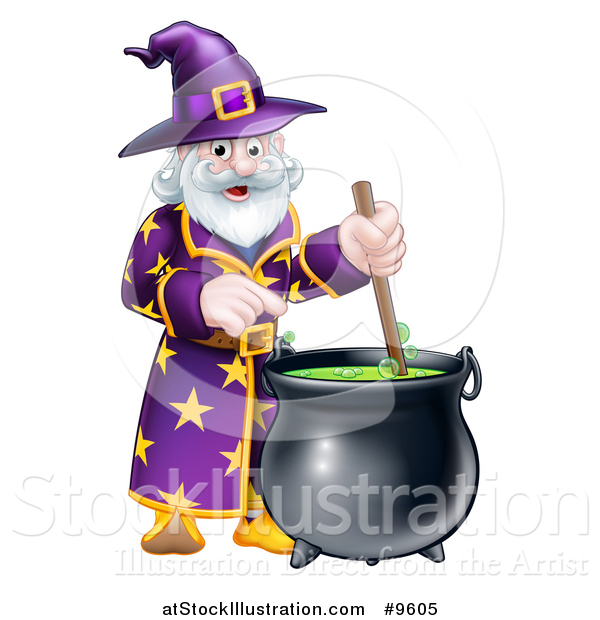 Vector Illustration of a Happy Old Bearded Wizard Mixing a Potion