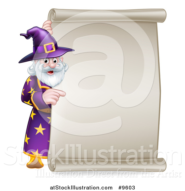 Vector Illustration of a Happy Old Bearded Wizard Pointing Around a Scroll Sign