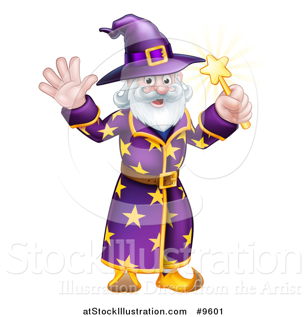 Vector Illustration of a Happy Old Bearded Wizard Waving and Holding up a Magic Wand
