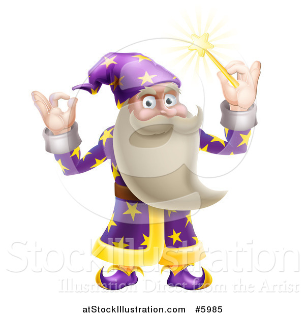 Vector Illustration of a Happy Old Wizard Gesturing Ok and Holding up a Magic Wand
